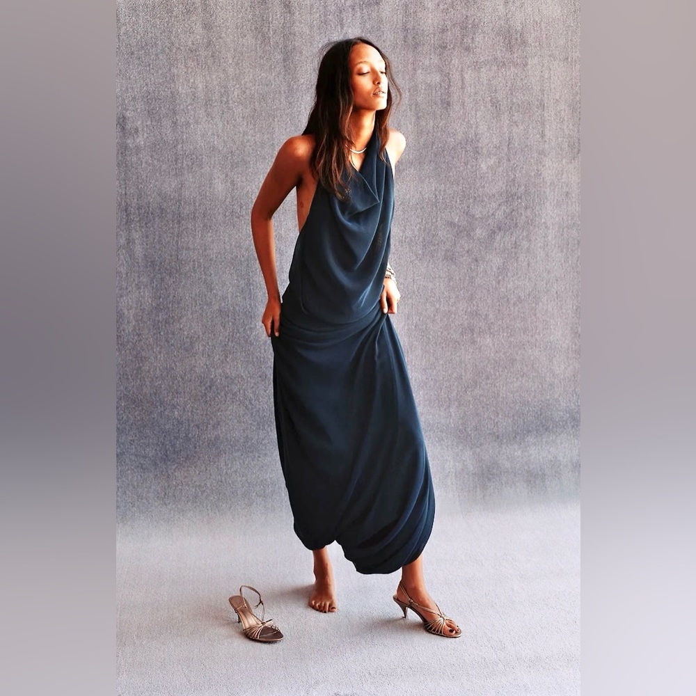 Zara Limited Edition Navy Draped Halter Bubble Hem Maxi Dress L NWT
